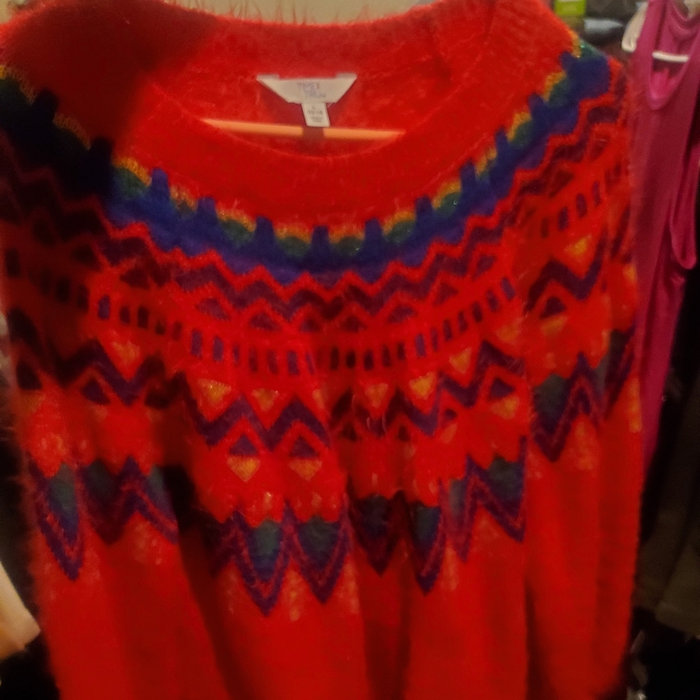 Time & Tru Red Festive Fuzzy Knit Pullover Sweater L